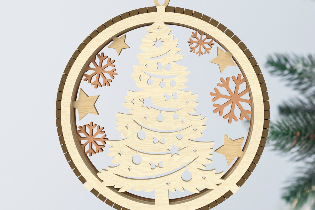 Σετ των 3 Intra απο ξύλο plywood 3mm-4mm πάχος - Χριστουγεννιάτικο δέντρο και στολίδι νιφάδα χιονιού Δίασταση 6x6 cm INTRAFABR-107963735