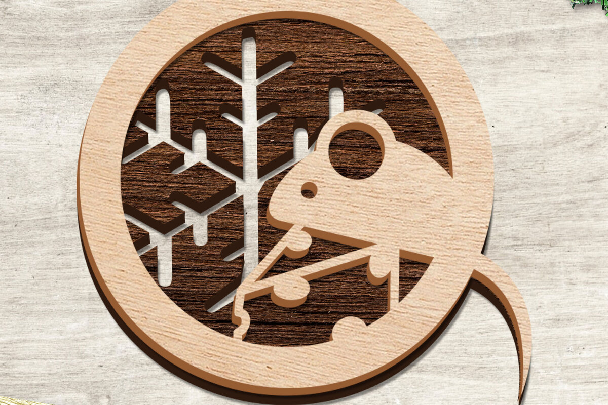 Σετ των 2 Intra απο ξύλο plywood 3mm-4mm πάχος - Χριστουγεννιάτικο δέντρο μπιχλιμπίδι με ένα ποντίκι Δίασταση 15x15 cm INTRAFABR-76986683