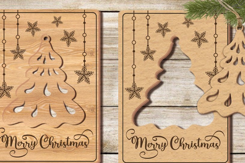 Σετ των 2 Intra απο ξύλο plywood 3mm-4mm πάχος - Κάρτα Χριστουγεννιάτικου Δέντρου/Κοπή λέιζερ/ Δίασταση 20x14 cm INTRAFABR-36177558