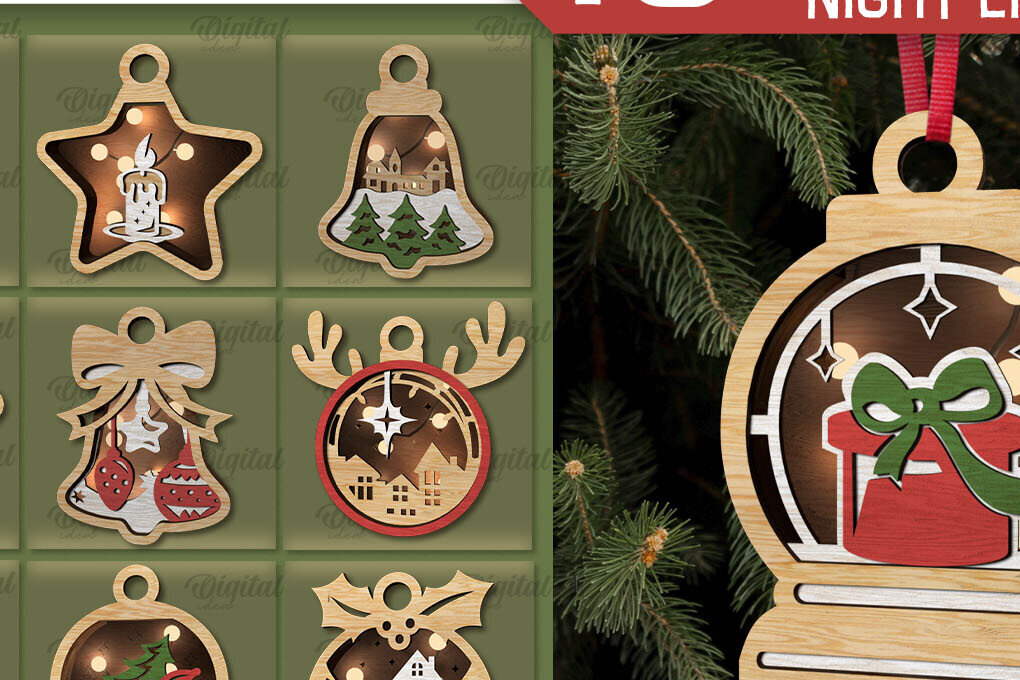 Σετ των 2 Intra απο ξύλο plywood 3mm-4mm πάχος - Διακόσμηση Χριστουγεννιάτικου Δέντρου με κομμένο λέιζερ Δίασταση 15x15 cm INTRAFABR-107624283