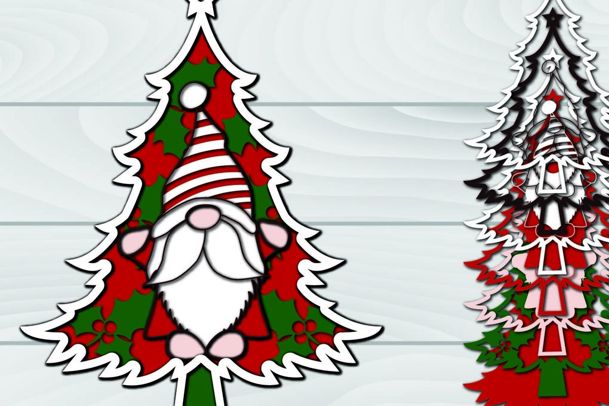 Σετ των 2 Intra απο ξύλο plywood 3mm-4mm πάχος - Χριστουγεννιάτικο δέντρο Gnome Paper Cut 3d  Δίασταση 1200x1200 cm INTRAFABR-79922930