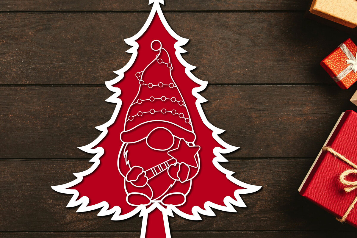 Σετ των 2 Intra απο ξύλο plywood 3mm-4mm πάχος - Χριστουγεννιάτικο δέντρο Gnome Paper Cut 3d  Δίασταση 1200x1200 cm INTRAFABR-106708706