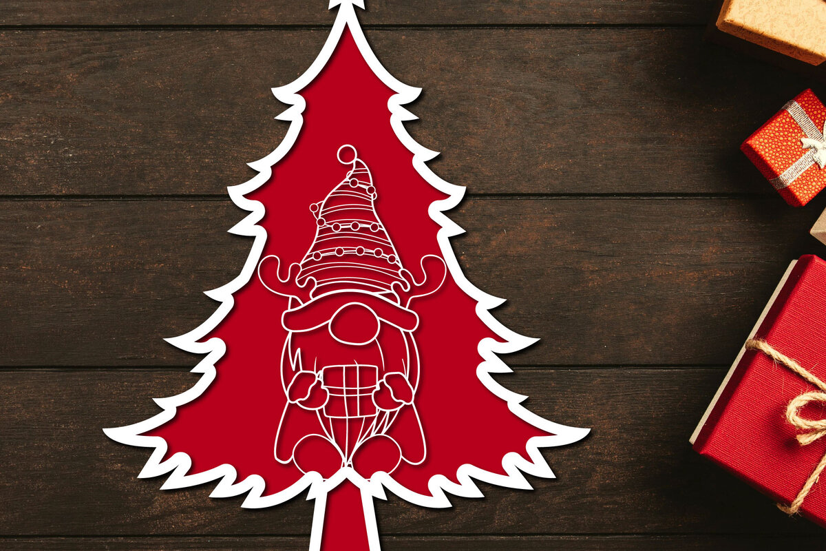 Σετ των 3 Intra απο ξύλο plywood 3mm-4mm πάχος - Χριστουγεννιάτικο δέντρο Gnome Paper Cut 3d  Δίασταση 1200x1200 cm INTRAFABR-106708715