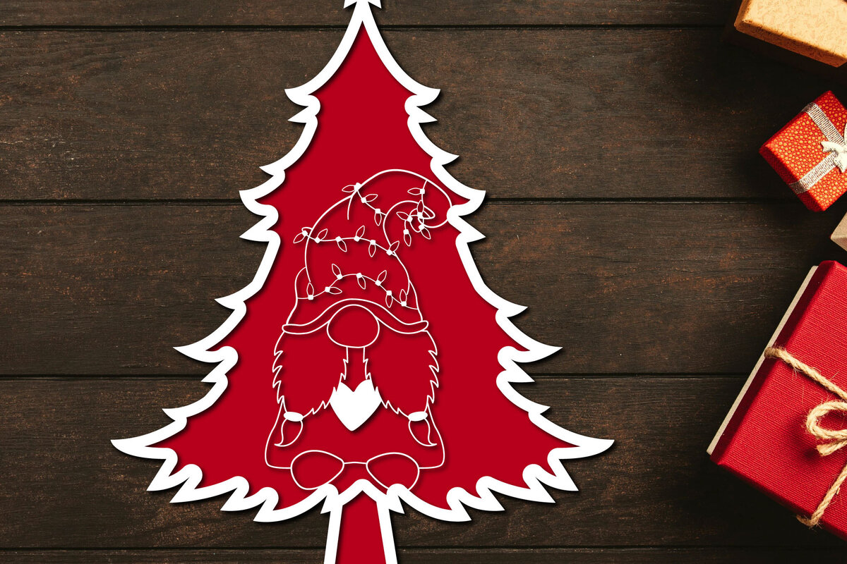 Σετ των 2 Intra απο ξύλο plywood 3mm-4mm πάχος - Χριστουγεννιάτικο δέντρο Gnome Paper Cut 3d  Δίασταση 1200x1200 cm INTRAFABR-106708721