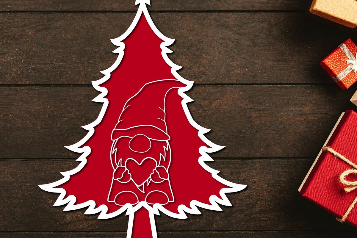 Σετ των 2 Intra απο ξύλο plywood 3mm-4mm πάχος - Χριστουγεννιάτικο δέντρο Gnome Paper Cut 3d  Δίασταση 1200x1200 cm INTRAFABR-106708759