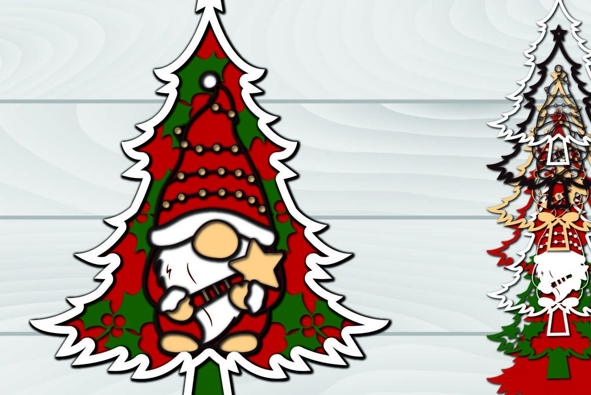 Σετ των 2 Intra απο ξύλο plywood 3mm-4mm πάχος - Χριστουγεννιάτικο δέντρο Gnome Paper Cut 3d  Δίασταση 1200x1200 cm INTRAFABR-79922935