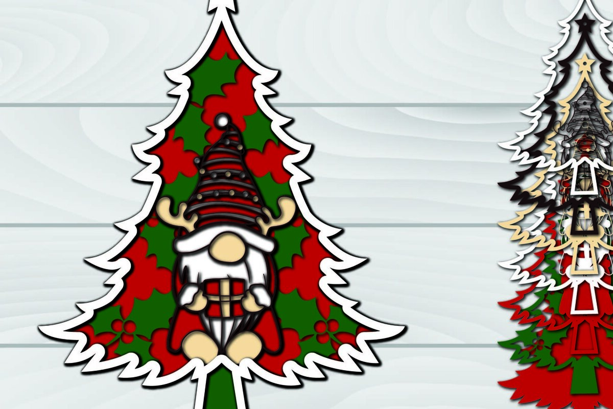 Σετ των 3 Intra απο ξύλο plywood 3mm-4mm πάχος - Χριστουγεννιάτικο δέντρο Gnome Paper Cut 3d  Δίασταση 1200x1200 cm INTRAFABR-79922938