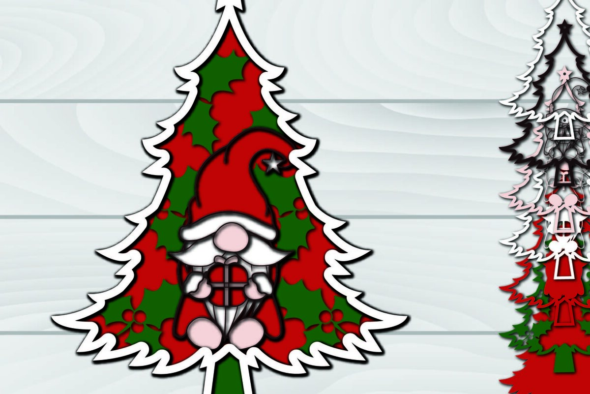 Σετ των 2 Intra απο ξύλο plywood 3mm-4mm πάχος - Χριστουγεννιάτικο δέντρο Gnome Paper Cut 3d  Δίασταση 1200x1200 cm INTRAFABR-79951867