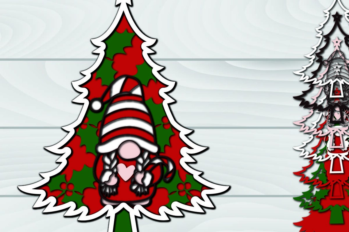 Σετ των 2 Intra απο ξύλο plywood 3mm-4mm πάχος - Χριστουγεννιάτικο δέντρο Gnome Paper Cut 3d  Δίασταση 1200x1200 cm INTRAFABR-79951869