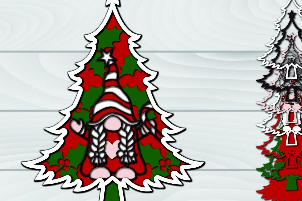 Σετ των 2 Intra απο ξύλο plywood 3mm-4mm πάχος - Χριστουγεννιάτικο δέντρο Gnome Paper Cut 3d  Δίασταση 1200x1200 cm INTRAFABR-79922933