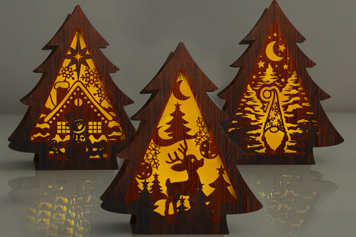 Σετ των 3 Intra απο ξύλο plywood 3mm-4mm πάχος - Χριστουγεννιάτικο Δέντρο - Νυχτερινό Φως - Σετ 3 τεμ Δίασταση 5x6 cm INTRAFABR-108397802