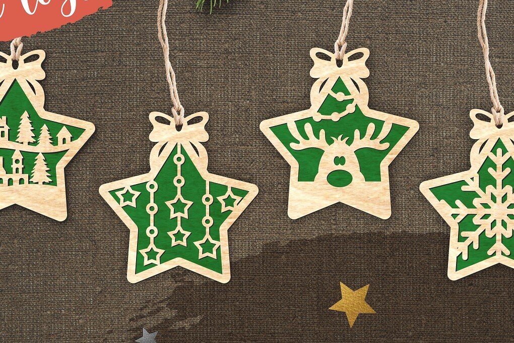 Σετ των 3 Intra απο ξύλο plywood 3mm-4mm πάχος - Χριστουγεννιάτικο Δέντρο Παιχνίδια Stars_vol3 Δίασταση 6x6 cm INTRAFABR-109514749