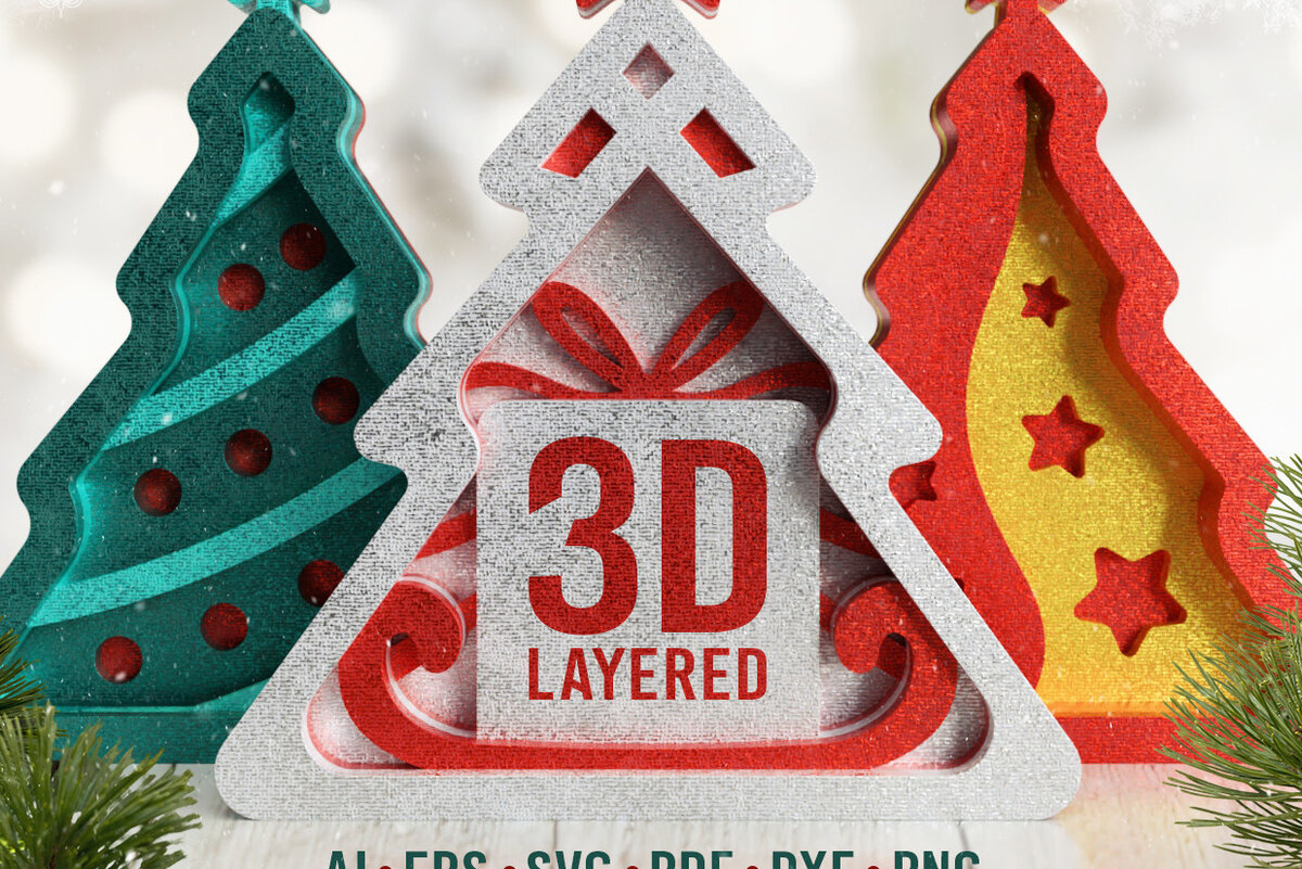 Σετ των 3 Intra απο ξύλο plywood 3mm-4mm πάχος - Χριστουγεννιάτικα δέντρα 3D Layered  Cut Files Δίασταση 20x25 cm INTRAFABR-19973872