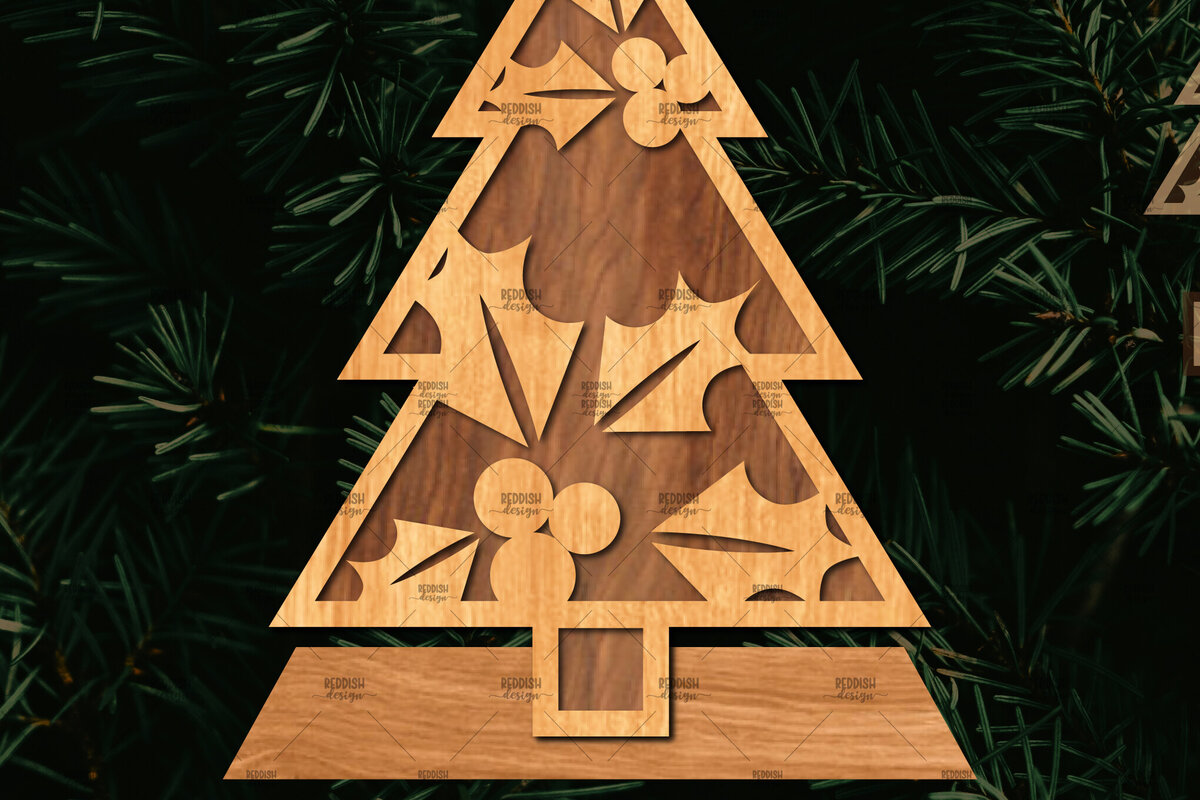 Σετ των 2 Intra απο ξύλο plywood 3mm-4mm πάχος - Στάση κοπής με λέιζερ Χριστουγεννιάτικα δέντρα  Δίασταση 20x20 cm INTRAFABR-108225782