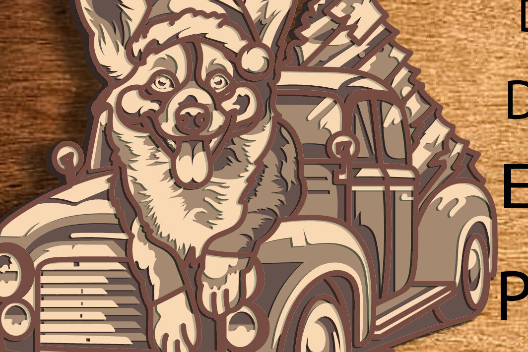 Σετ των 2 Intra απο ξύλο plywood 3mm-4mm πάχος - Christmas Truck Multilayer /Corgi Dog Δίασταση 15x15 cm INTRAFABR-76545753