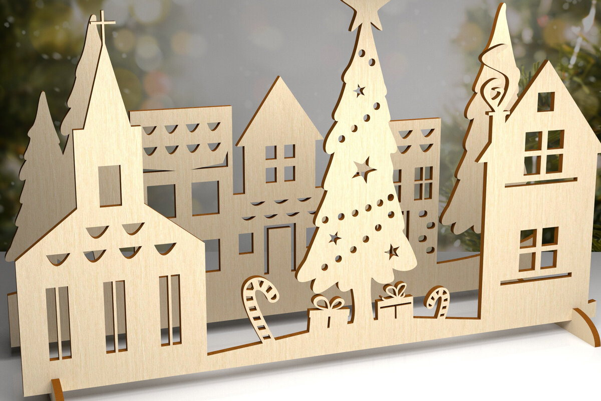 Σετ των 2 Intra απο ξύλο plywood 3mm-4mm πάχος - Χριστουγεννιάτικου χωριού. 3D διακόσμηση Δίασταση 15x15 cm INTRAFABR-80232056