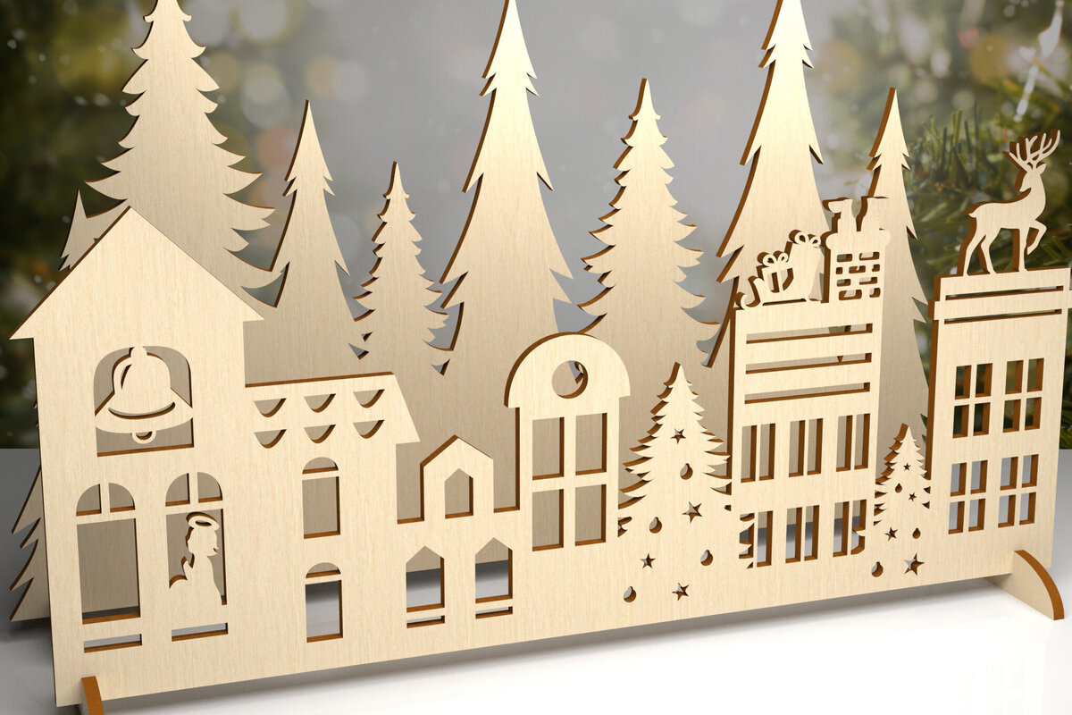 Σετ των 2 Intra απο ξύλο plywood 3mm-4mm πάχος - Χριστουγεννιάτικου χωριού. 3D διακόσμηση Δίασταση 15x15 cm INTRAFABR-80232071