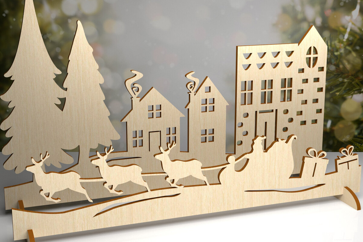 Σετ των 2 Intra απο ξύλο plywood 3mm-4mm πάχος - Χριστουγεννιάτικου χωριού. 3D διακόσμηση Δίασταση 15x15 cm INTRAFABR-80232083