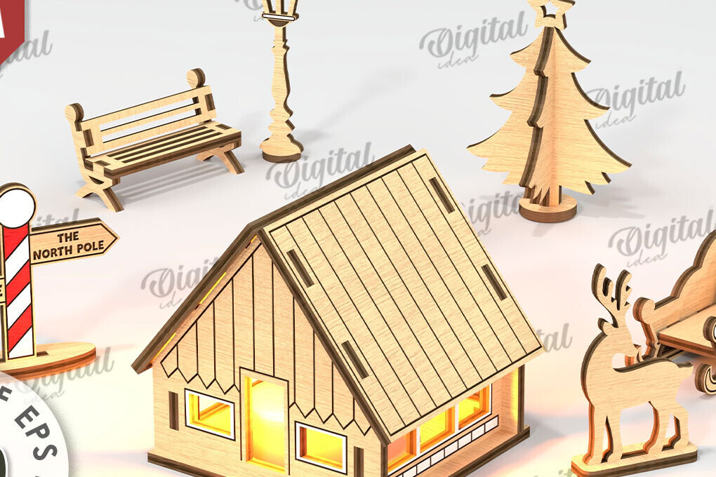 Σετ των 2 Intra απο ξύλο plywood 3mm-4mm πάχος - Χριστουγεννιάτικου χωριού. Χριστουγεννιάτικη διακόσμηση Δίασταση 15x15 cm INTRAFABR-110111351