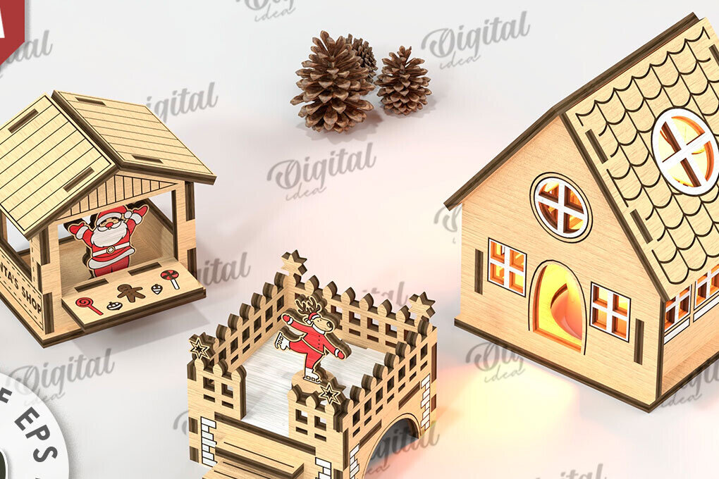 Σετ των 2 Intra απο ξύλο plywood 3mm-4mm πάχος - Χριστουγεννιάτικου χωριού. Χριστουγεννιάτικη διακόσμηση Δίασταση 15x15 cm INTRAFABR-110110503