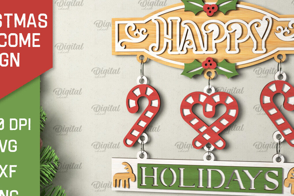 Σετ των 2 Intra απο ξύλο plywood 3mm-4mm πάχος - Σχέδιο κοπής με λέιζερ χριστουγεννιάτικο σημάδι καλωσορίσματος Δίασταση 15x15 cm INTRAFABR-106608491