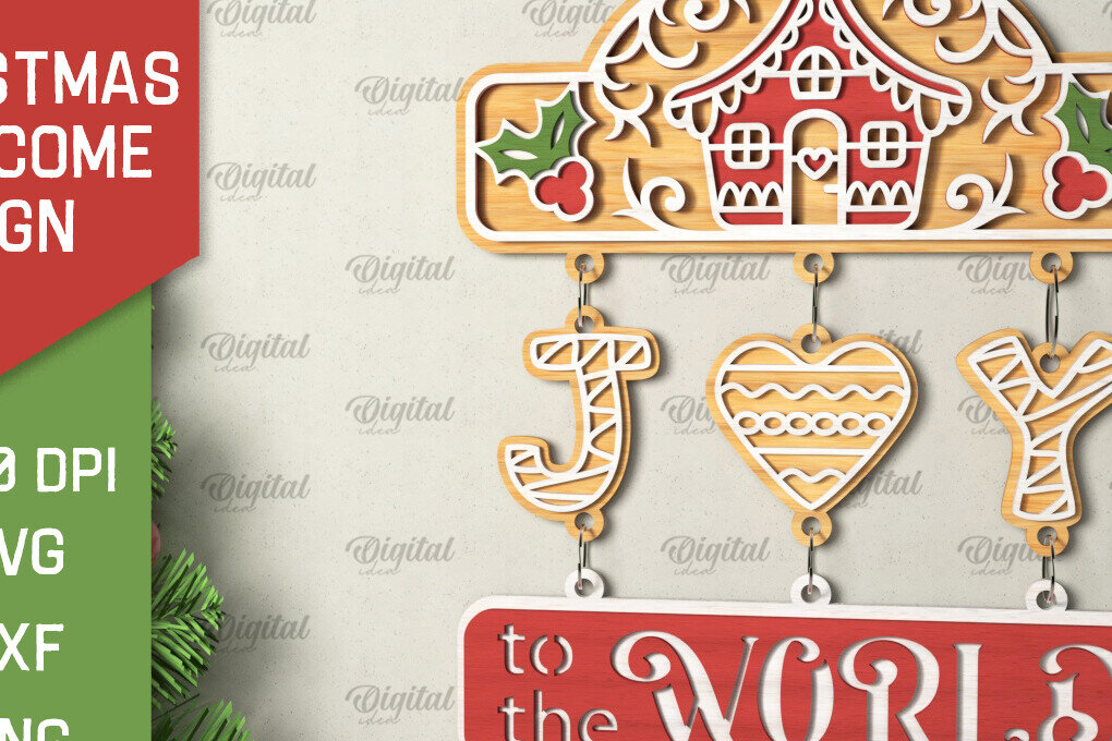 Σετ των 2 Intra απο ξύλο plywood 3mm-4mm πάχος - Σχέδιο κοπής με λέιζερ χριστουγεννιάτικο σημάδι καλωσορίσματος Δίασταση 15x15 cm INTRAFABR-106607529