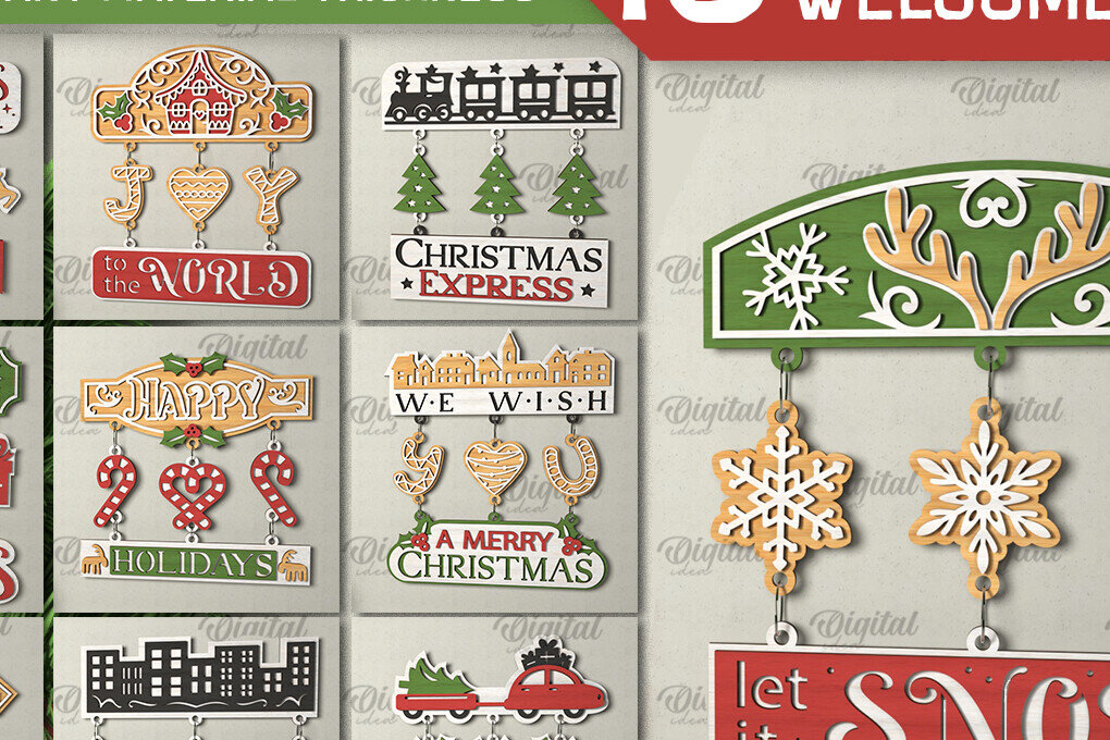 Σετ των 2 Intra απο ξύλο plywood 3mm-4mm πάχος - Πακέτο κοπής με λέιζερ χριστουγεννιάτικα σημάδια καλωσορίσματος Δίασταση 15x15 cm INTRAFABR-106663488