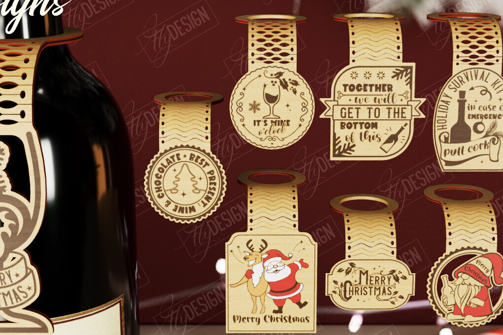 Σετ των 2 Intra απο ξύλο plywood 3mm-4mm πάχος - Πακέτο ετικέτας χριστουγεννιάτικου μπουκαλιού κρασιού | CNC Δίασταση 15x15 cm INTRAFABR-111361082