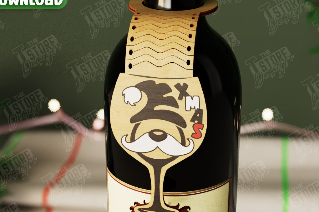 Σετ των 2 Intra απο ξύλο plywood 3mm-4mm πάχος - Χριστουγεννιάτικο μπουκάλι κρασιού Ετικέτα | Ετικέτα διακοπών Δίασταση 15x15 cm INTRAFABR-108586263