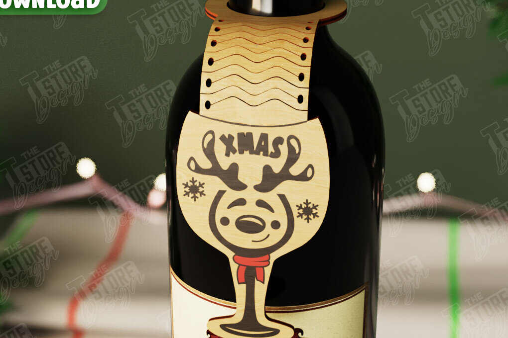 Σετ των 2 Intra απο ξύλο plywood 3mm-4mm πάχος - Χριστουγεννιάτικο μπουκάλι κρασιού Ετικέτα | Ετικέτα διακοπών Δίασταση 15x15 cm INTRAFABR-108586281