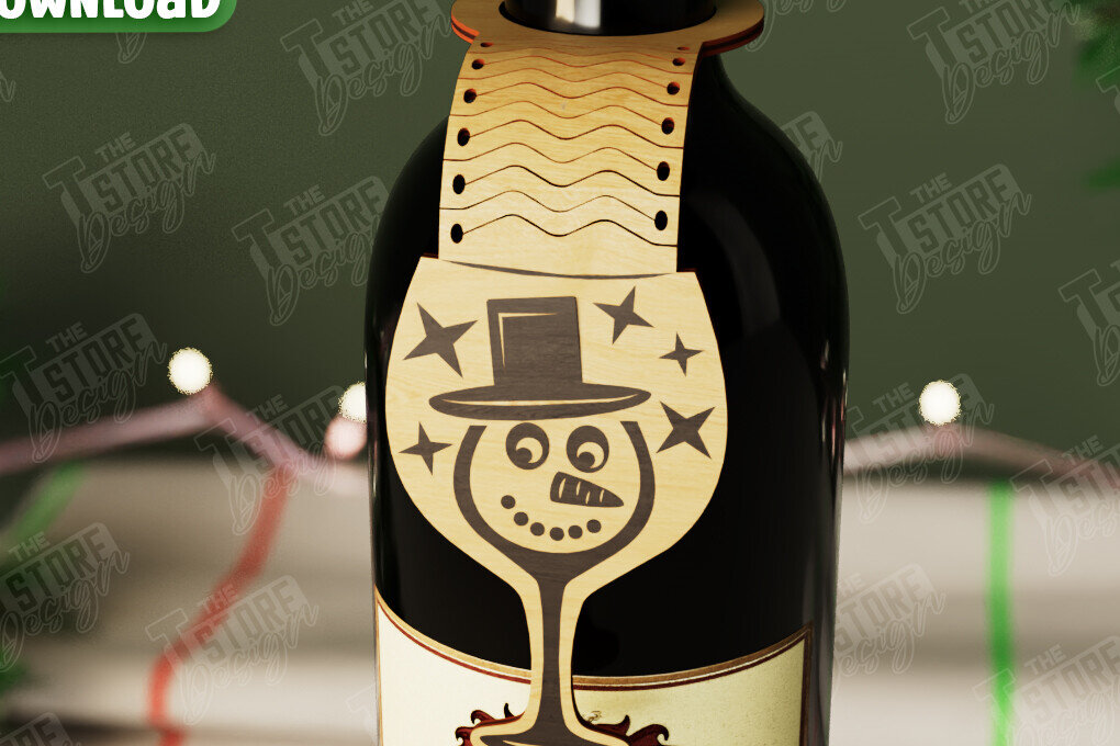 Σετ των 2 Intra απο ξύλο plywood 3mm-4mm πάχος - Χριστουγεννιάτικο μπουκάλι κρασιού Ετικέτα | Ετικέτα διακοπών Δίασταση 15x15 cm INTRAFABR-108586312