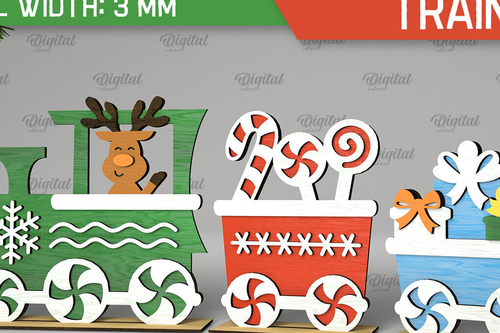 Σετ των 2 Intra απο ξύλο plywood 3mm-4mm πάχος - Χριστουγεννιάτικο ξύλινο τρένο σχέδιο κοπής με λέιζερ Δίασταση 15x15 cm INTRAFABR-105126734