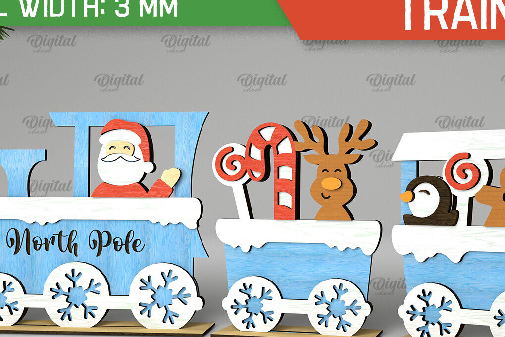 Σετ των 2 Intra απο ξύλο plywood 3mm-4mm πάχος - Χριστουγεννιάτικο ξύλινο τρένο σχέδιο κοπής με λέιζερ Δίασταση 15x15 cm INTRAFABR-105126770