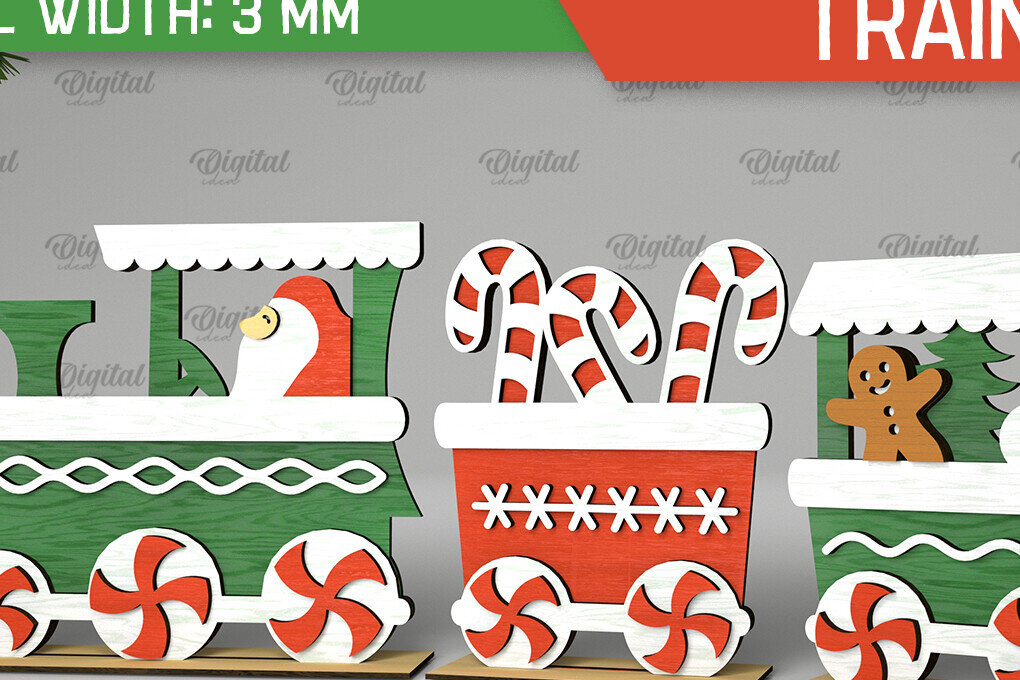 Σετ των 2 Intra απο ξύλο plywood 3mm-4mm πάχος - Χριστουγεννιάτικο ξύλινο τρένο σχέδιο κοπής με λέιζερ Δίασταση 15x15 cm INTRAFABR-105127001