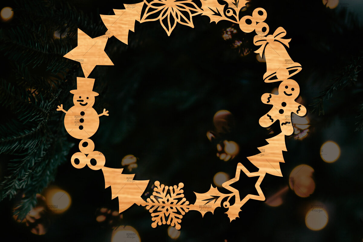 Σετ των 2 Intra απο ξύλο plywood 3mm-4mm πάχος - Χριστουγεννιάτικο στεφάνι τρισδιάστατο σχέδιο κοπής με λέιζερ Δίασταση 20x20 cm INTRAFABR-109213740