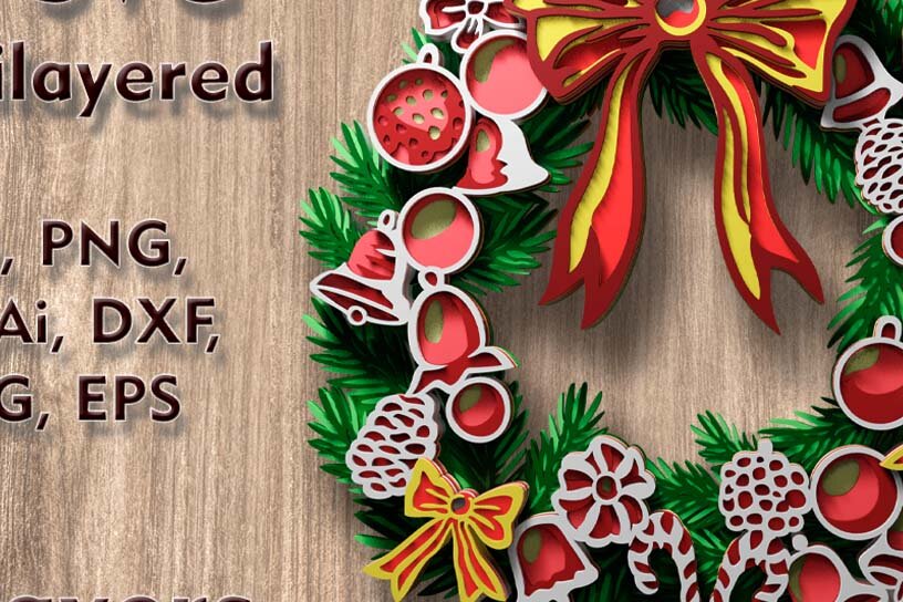 Intra απο ξύλο plywood 3mm-4mm πάχος -  με λέιζερ 3D  Χριστουγεννιάτικο στεφάνι Δίασταση 82x11 cm INTRAFABR-108890348