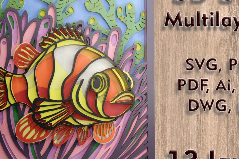 Intra απο ξύλο plywood 3mm-4mm πάχος - Αρχεία πολλαπλών επιπέδων Clown Fish 3d  Δίασταση 84x9 cm INTRAFABR-112111123