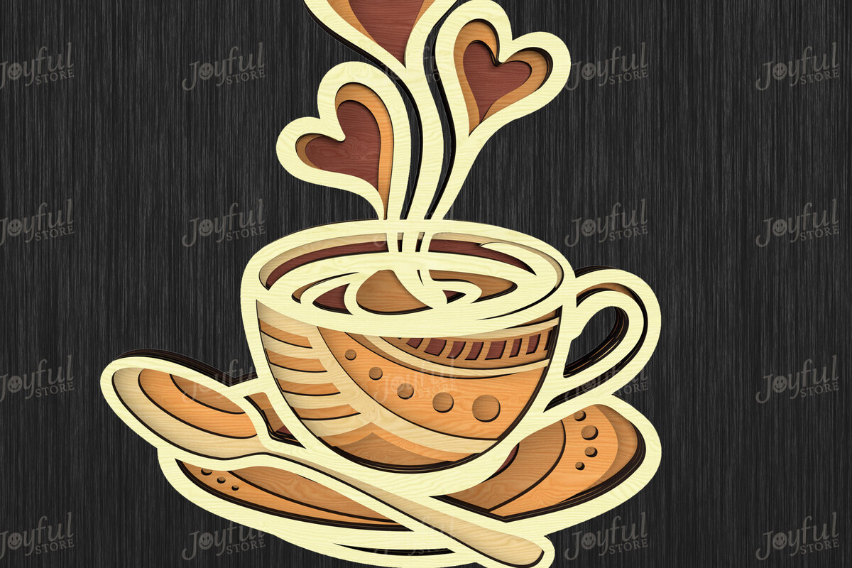 Intra απο ξύλο plywood 3mm-4mm πάχος - Φλιτζάνι καφέ με καρδιές  Design Δίασταση 30x20 cm INTRAFABR-125083176