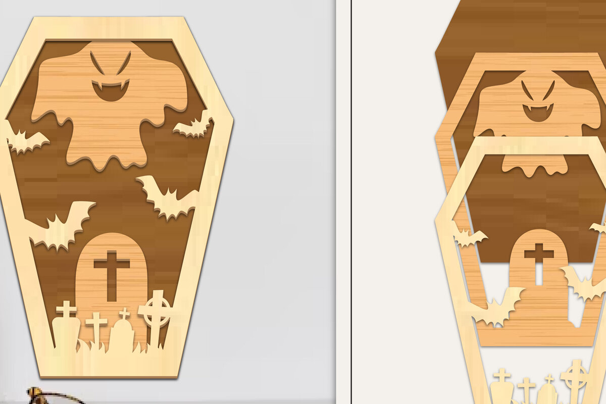 Σετ των 3 Intra απο ξύλο plywood 3mm-4mm πάχος - Coffin Halloween Στολίδι με   Δίασταση 6x6 cm INTRAFABR-102622303