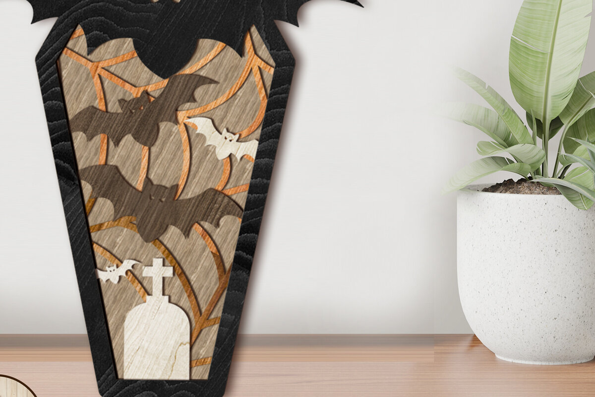 Σετ των 3 Intra απο ξύλο plywood 3mm-4mm πάχος - Φέρετρο με νυχτερίδα αποκριάτικη διακόσμηση Δίασταση 8x13 cm INTRAFABR-104407333