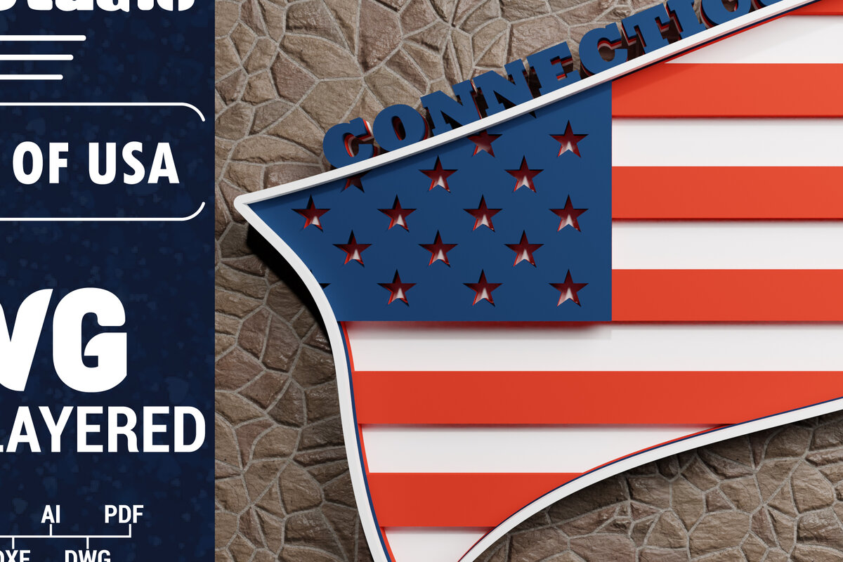 Σετ των 2 Intra απο ξύλο plywood 3mm-4mm πάχος - Κόψιμο χαρτιού 3d  Flag Connecticut ΗΠΑ Δίασταση 1200x1200 cm INTRAFABR-65457011