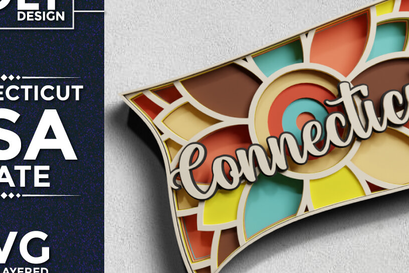 Σετ των 2 Intra απο ξύλο plywood 3mm-4mm πάχος - Κόψιμο χαρτιού Connecticut USA State 3d  Δίασταση 30x20 cm INTRAFABR-64954452