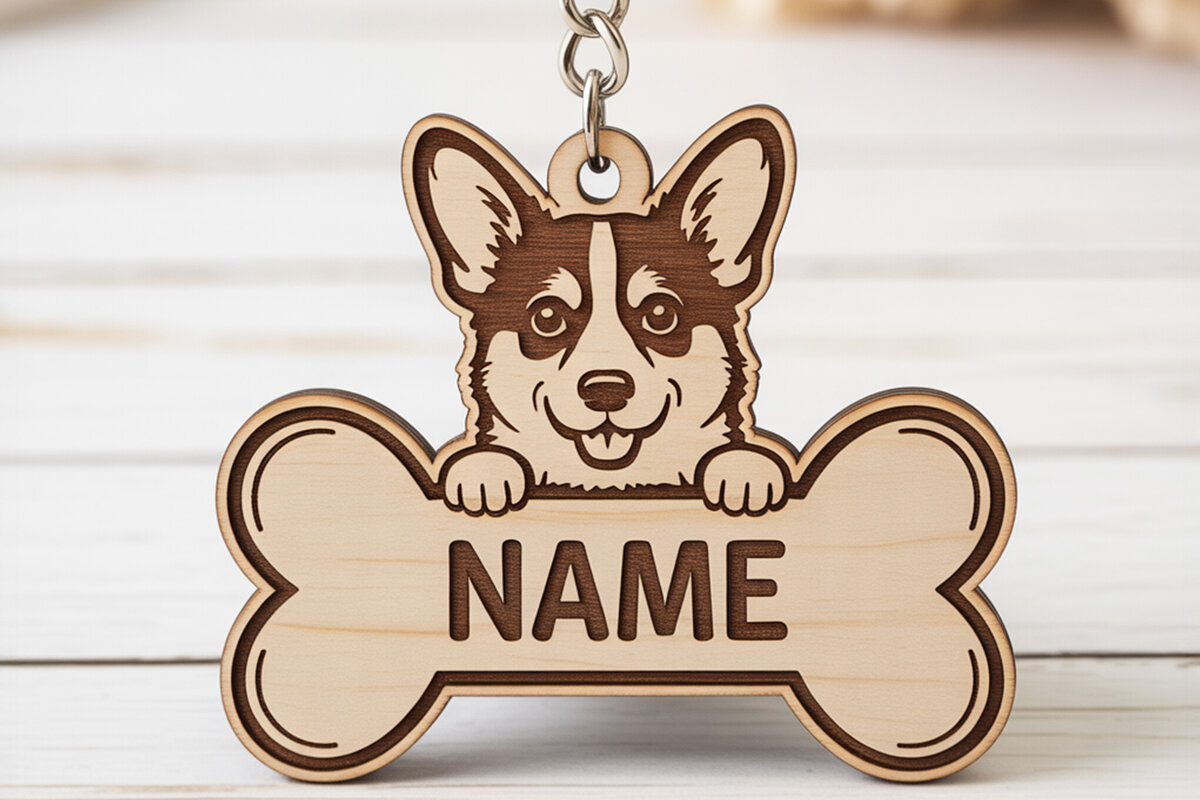 Σετ των 3 Intra απο ξύλο plywood 3mm-4mm πάχος - Μπρελόκ με ετικέτα ονόματος Corgi Bone Δίασταση 4x4 cm INTRAFABR-121423220