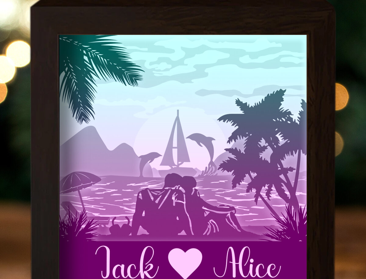 Σετ των 2 Intra απο ξύλο plywood 3mm-4mm πάχος - Ζευγάρι στην παραλία Paper Cut Light Box Δίασταση 20x20 cm INTRAFABR-26370322