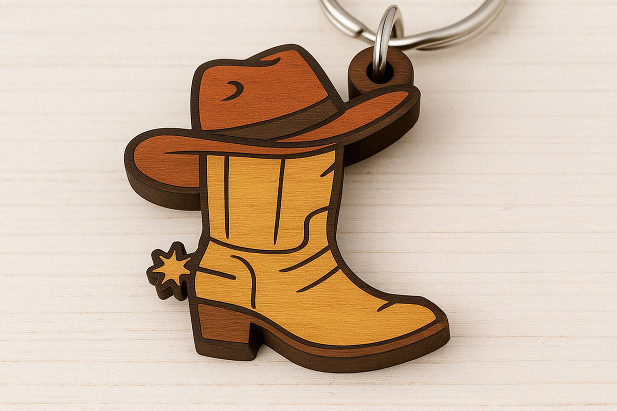 Σετ των 3 Intra απο ξύλο plywood 3mm-4mm πάχος - Μπρελόκ Cowboy Boot & Hat Δίασταση 4x4 cm INTRAFABR-120896923