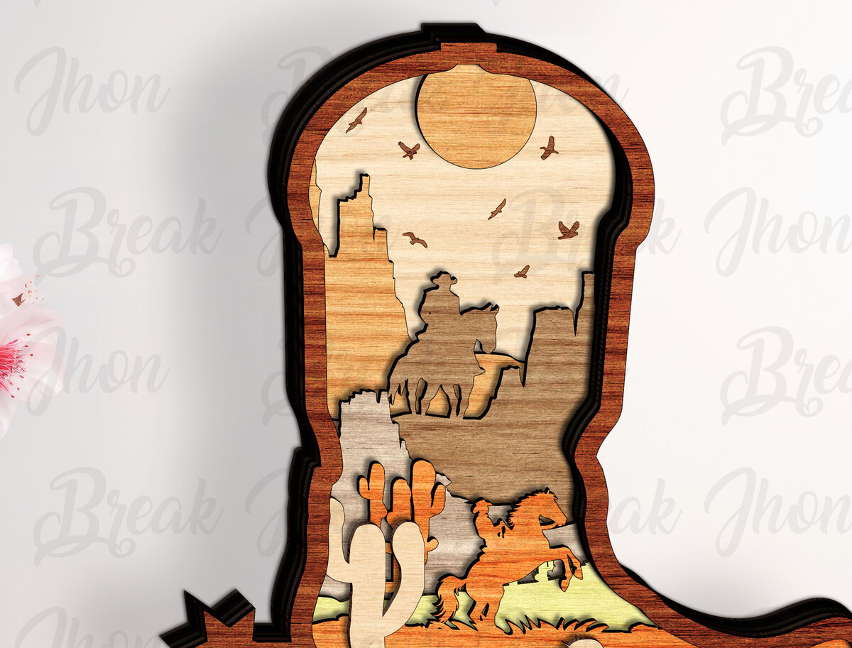 Σετ των 2 Intra απο ξύλο plywood 3mm-4mm πάχος -  αποκοπής  με στρώματα Cowboy Boots Δίασταση 20x20 cm INTRAFABR-113330169