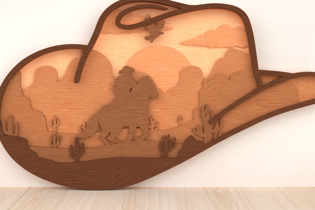 Intra απο ξύλο plywood 3mm-4mm πάχος - Καουμπόικο καπέλο Western 3D Layered Art Δίασταση 30x20 cm INTRAFABR-119868227