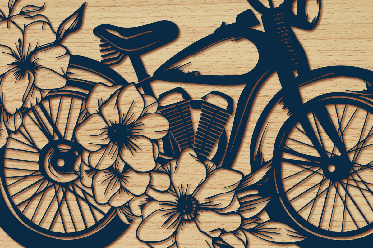 Σετ των 3 Intra απο ξύλο plywood 3mm-4mm πάχος - Σετ ποδήλατο Cricut με λουλούδια  Δίασταση 4x4 cm INTRAFABR-91070087