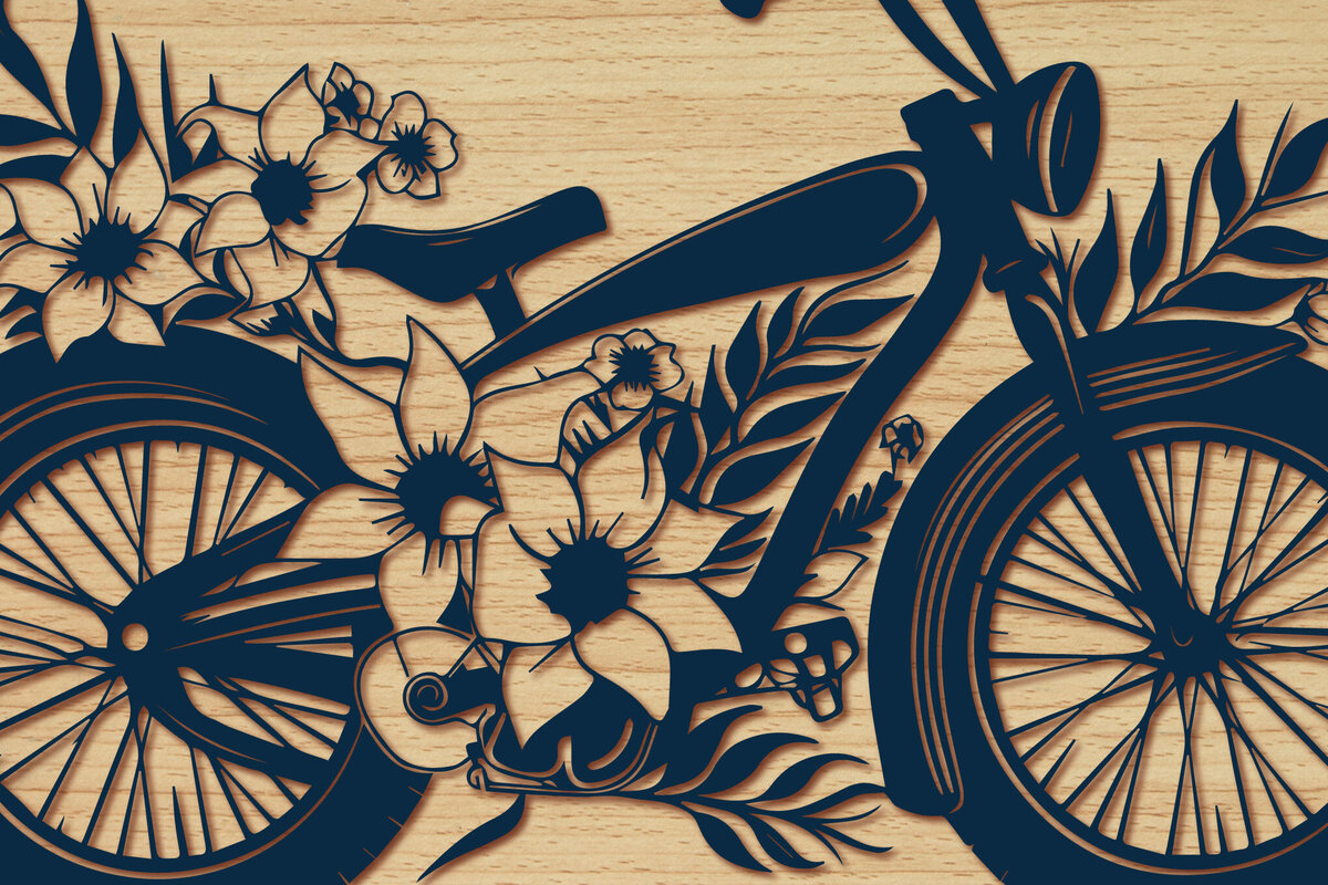 Σετ των 3 Intra απο ξύλο plywood 3mm-4mm πάχος - Σετ ποδήλατο Cricut με λουλούδια  Δίασταση 4x4 cm INTRAFABR-91069671