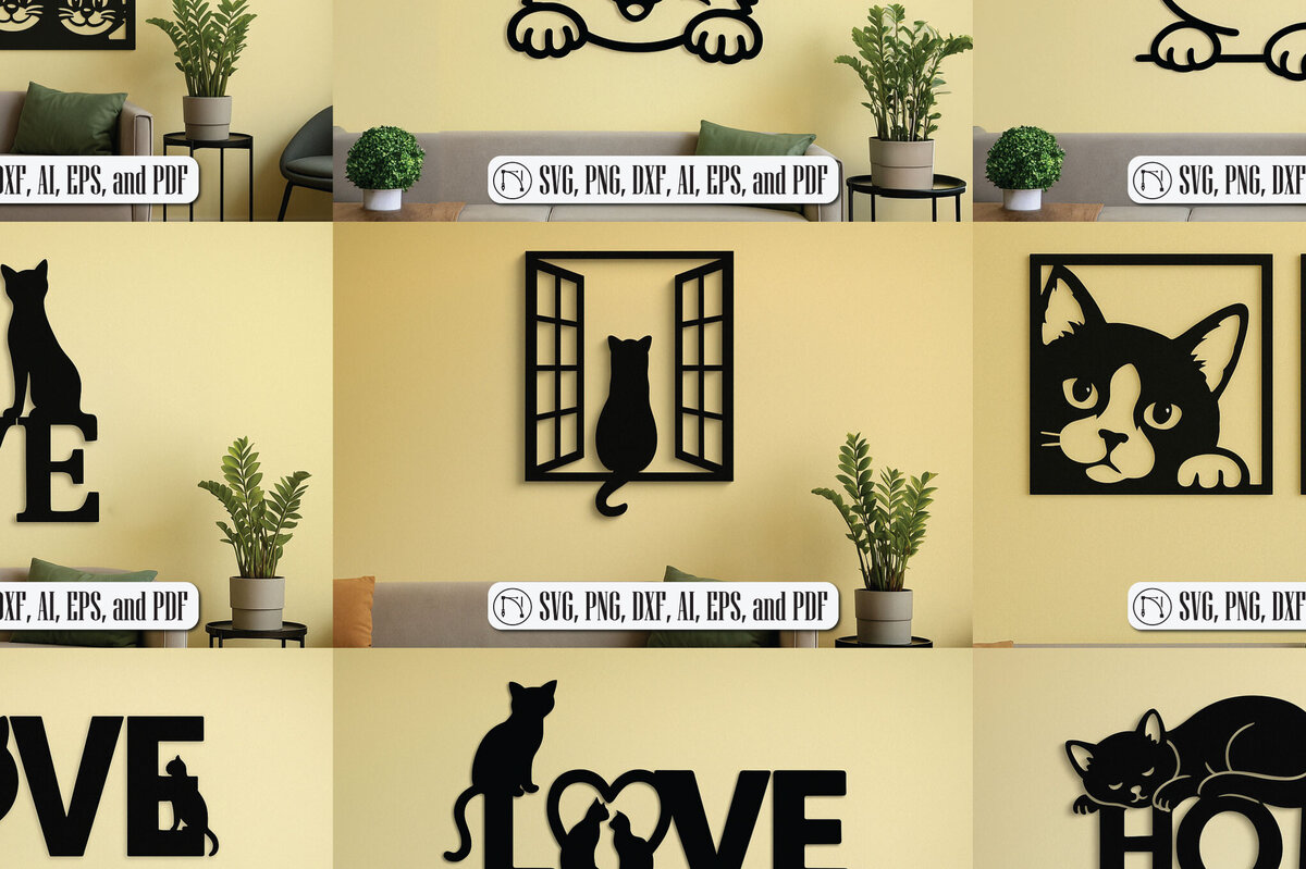 Σετ των 3 Intra απο ξύλο plywood 3mm-4mm πάχος - Πακέτο Cricut Cats Art Decor  για τοίχους Δίασταση 4x4 cm INTRAFABR-120145888